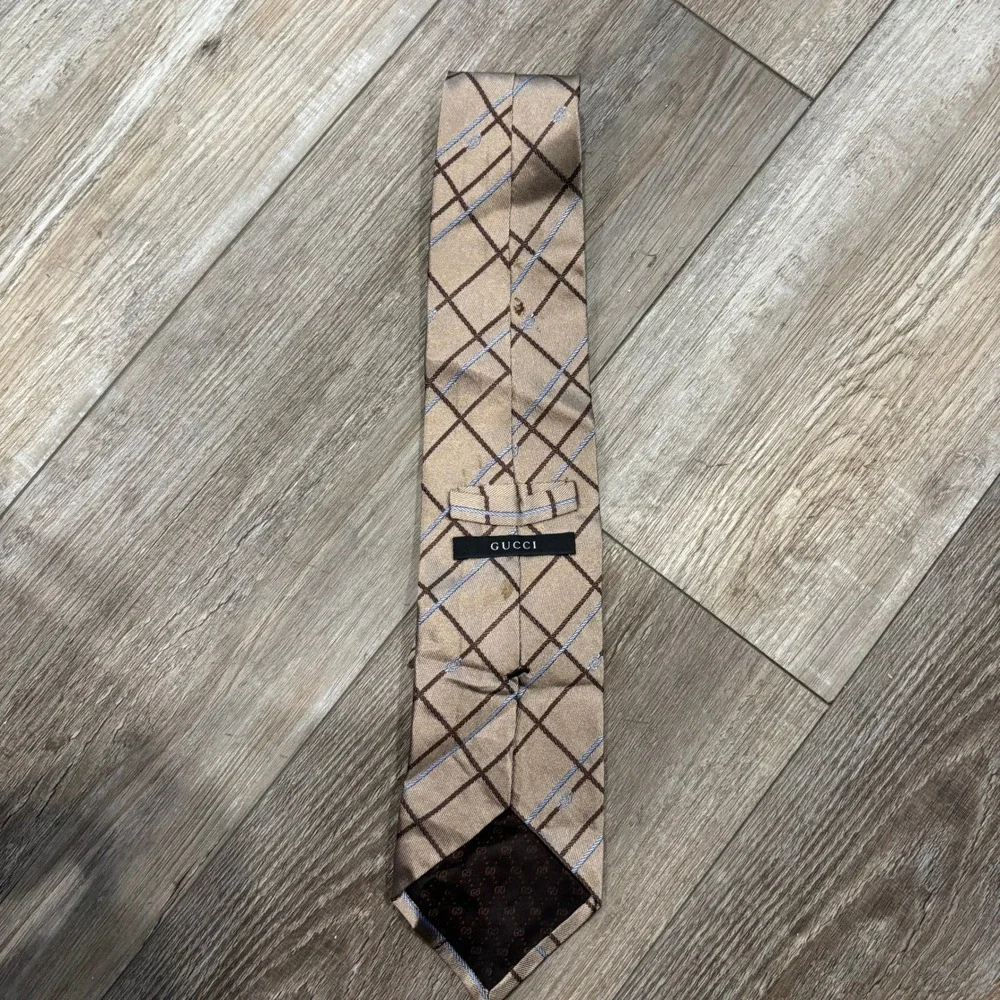Gucci Mens Silk Tie Tan Brown Blue Plaid Rope Grid Interlocking G Made in Italy
